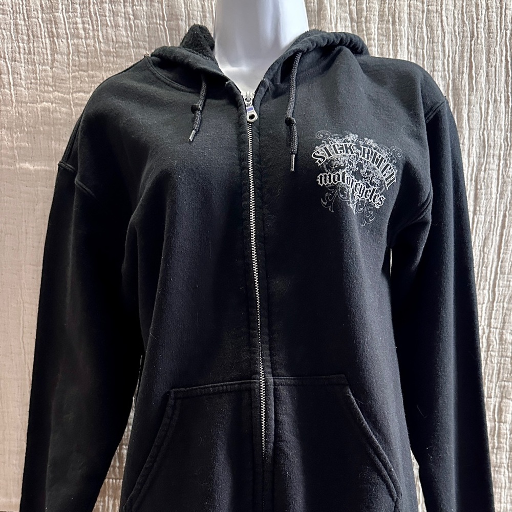 Sick Bitch zip up hoodie with draw strings. Women’s size Small